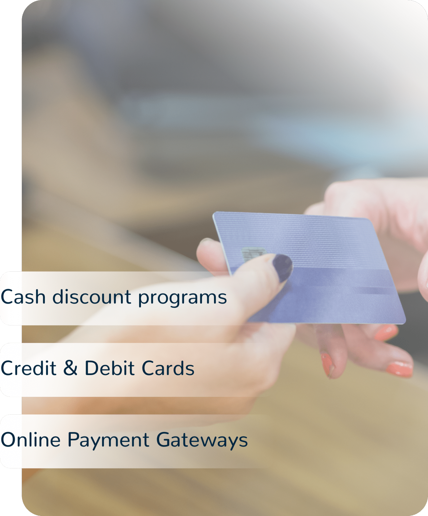 handing over credit card words say cash discount programs, credit and debit cards, online payment gateways